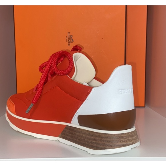 Hermès Technical Canvas Suede Womens Miles Sneakers 35.5 Cornaline White - Picture 2 of 3